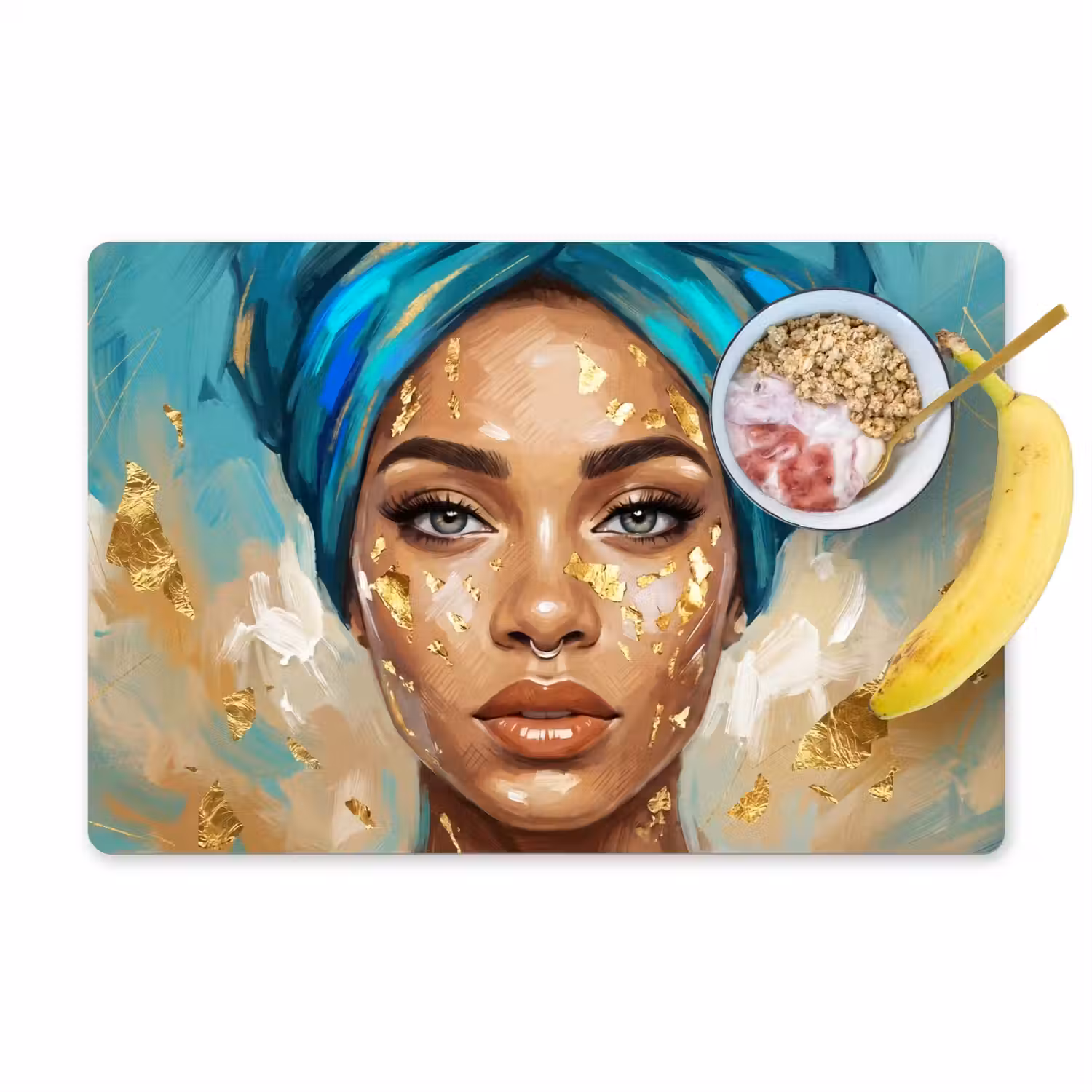 Portret - Vrouw - Schilderij - Blauw - Goud - Expressief Placemat vinyl groot -zzzproduct_Kitchenyeah-website