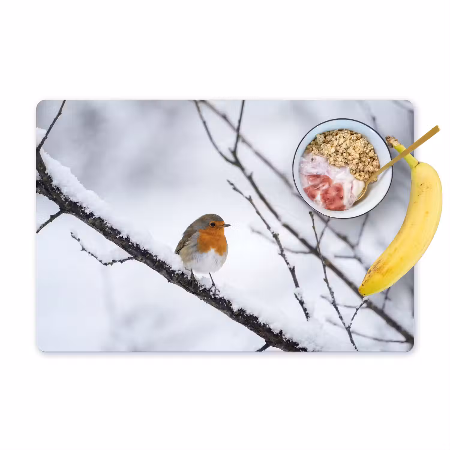 Roodborstje - Tak - Sneeuw - Winter - Levendig Placemat vinyl groot -zzzproduct_Kitchenyeah-website