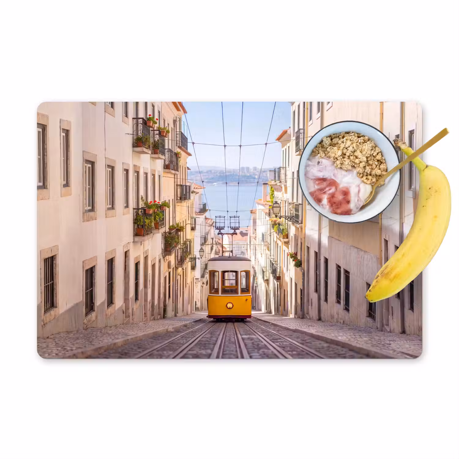 Tram - Straat - Stad - Architectuur - Geel Placemat vinyl groot -zzzproduct_Kitchenyeah-website