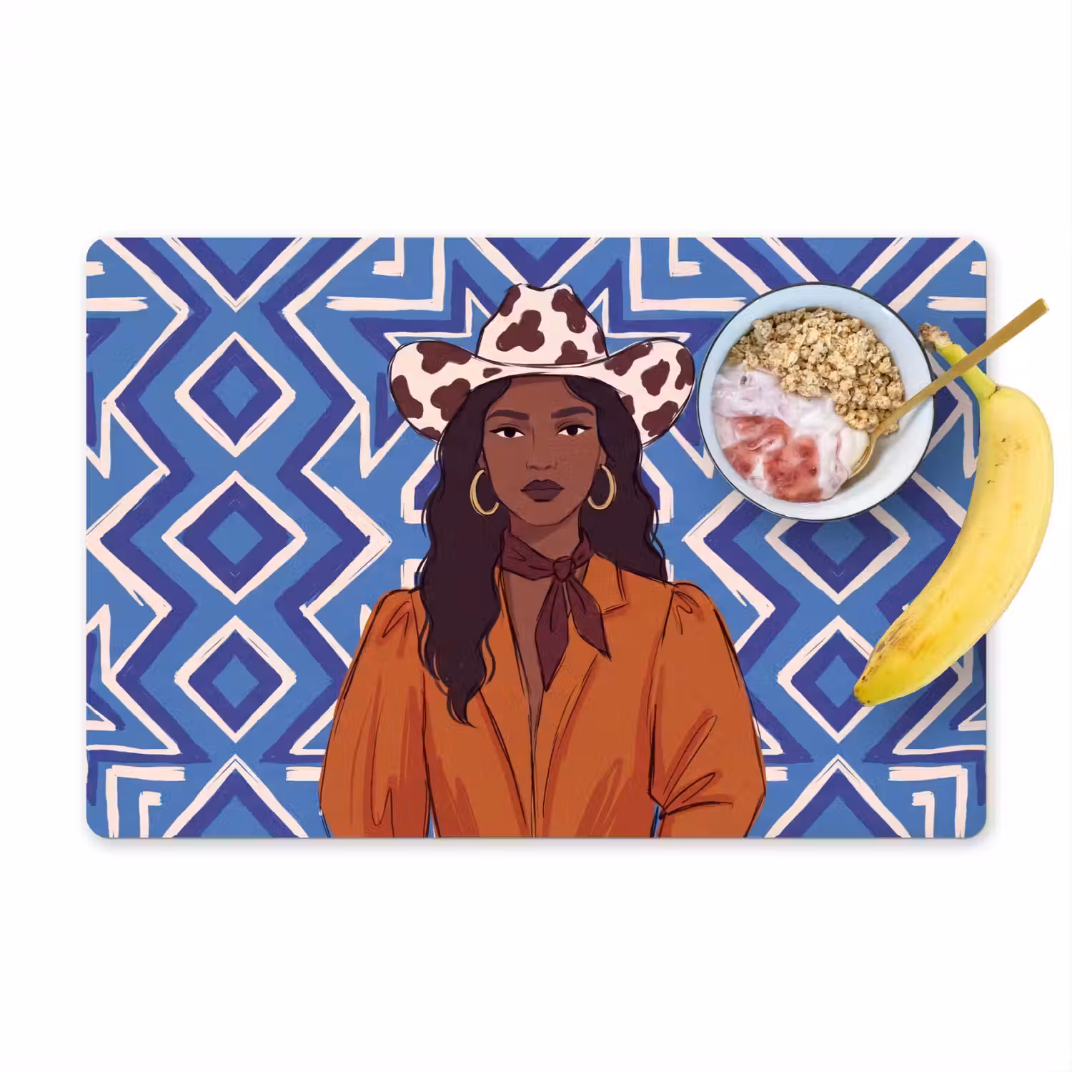Vrouw - Cowboyhoed - Portret - Modern - Blauw Placemat vinyl groot -zzzproduct_Kitchenyeah-website