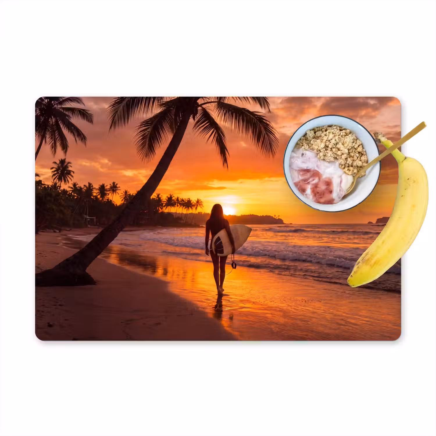 Vrouw - Surfplank - Strand - Zonsondergang - Oranje Placemat vinyl groot -zzzproduct_Kitchenyeah-website