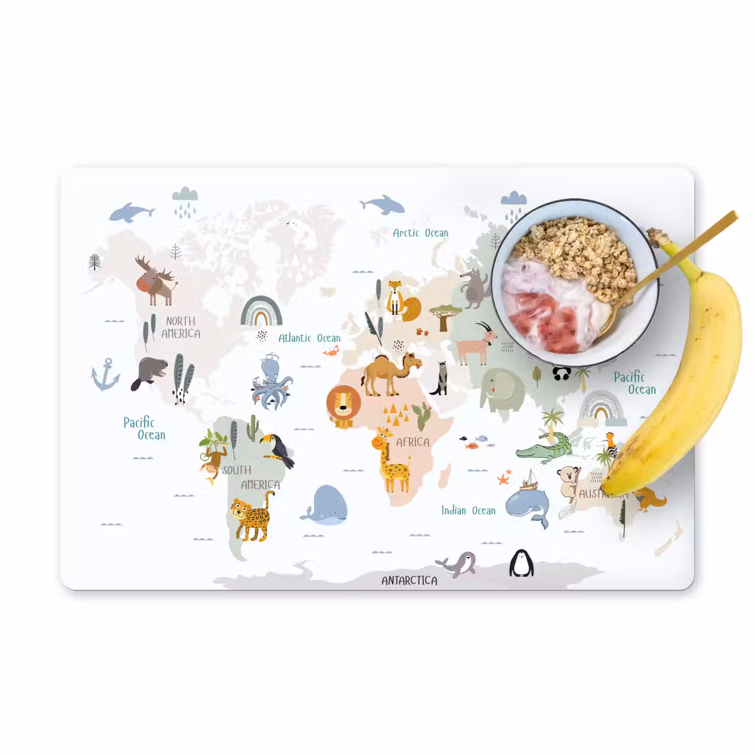 Wereldkaart - Dieren - Kinderen - Pastel Placemat vinyl groot -zzzproduct_Kitchenyeah-website