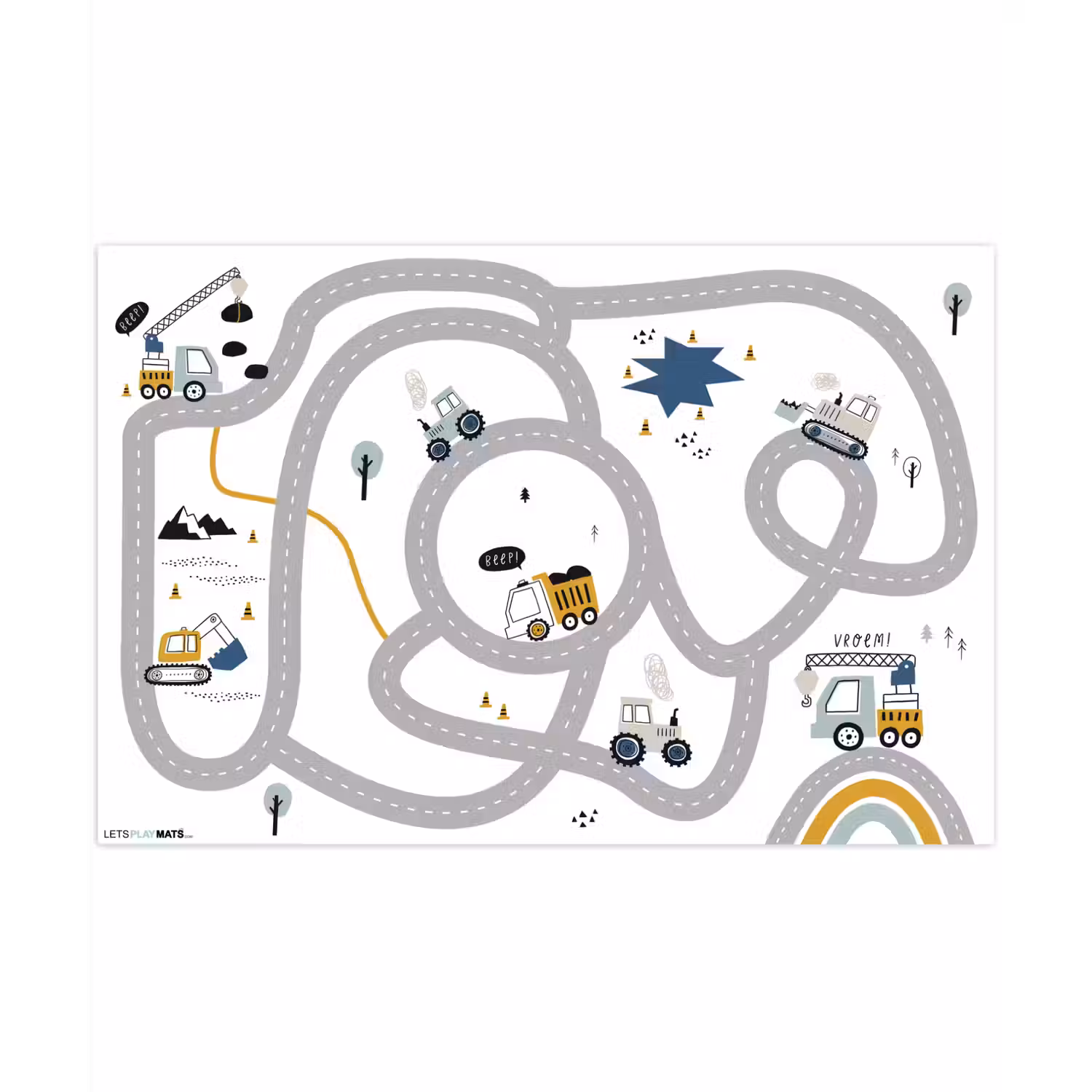 Bouwplaats - Graafmachine - Auto - Regenboog - Design Speelmat klein -3d