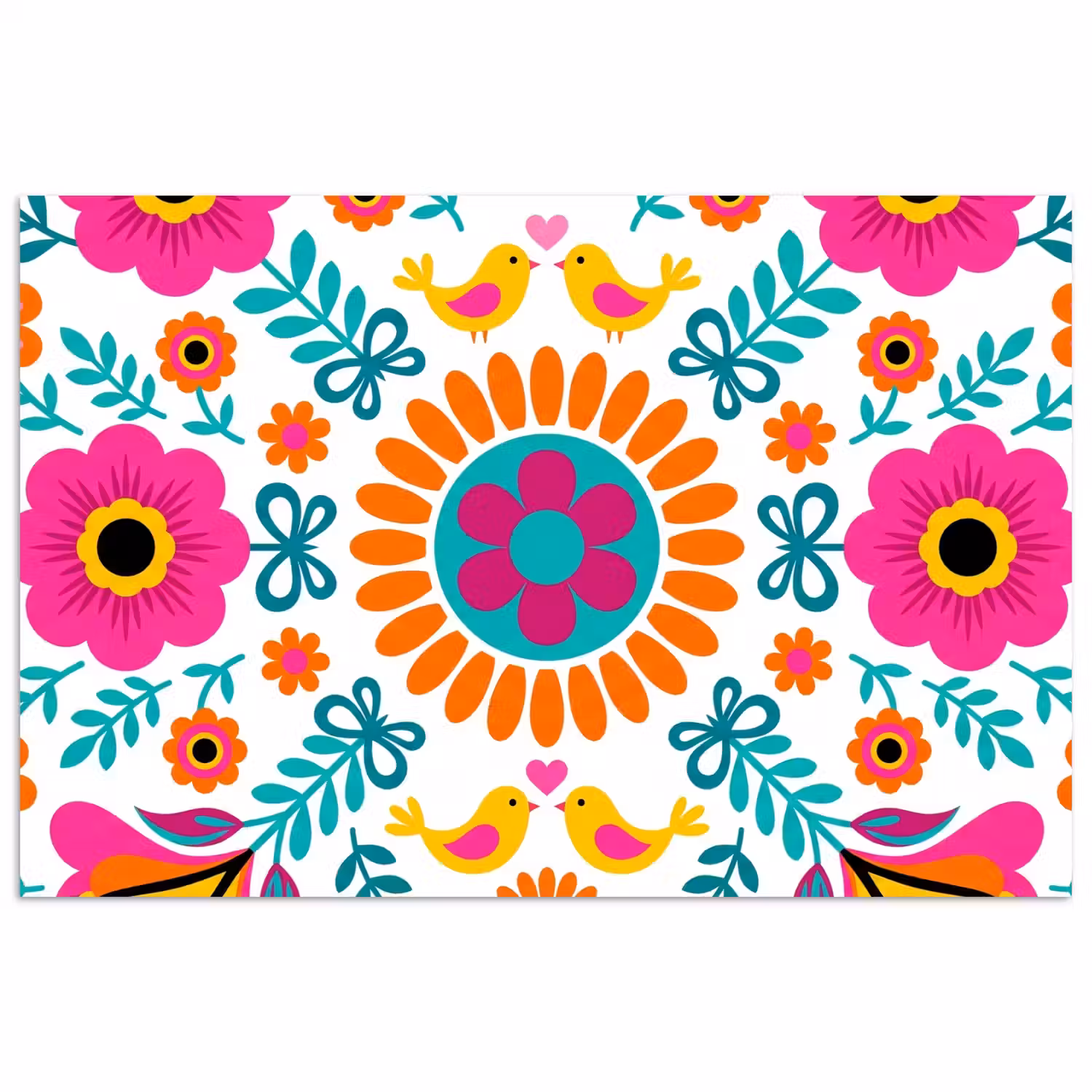 Bloemen - Vogel - Patroon - Kleurrijk - Modern poster papier klein -3d