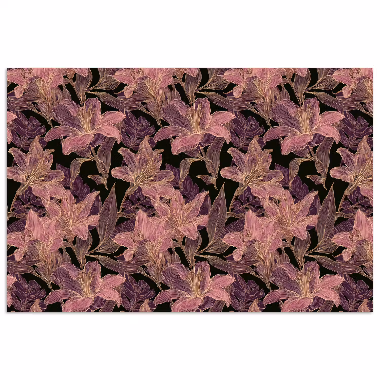 Lelies - Patroon - Paars - Goud poster papier klein 62 -3d