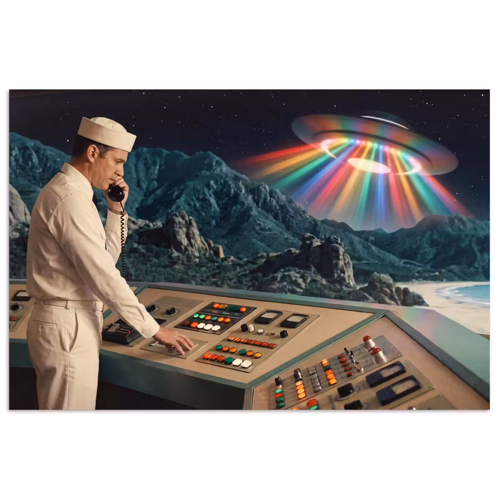 Poster - Man - Control Room - Beach - Man - Controlekamer - Strand poster papier klein