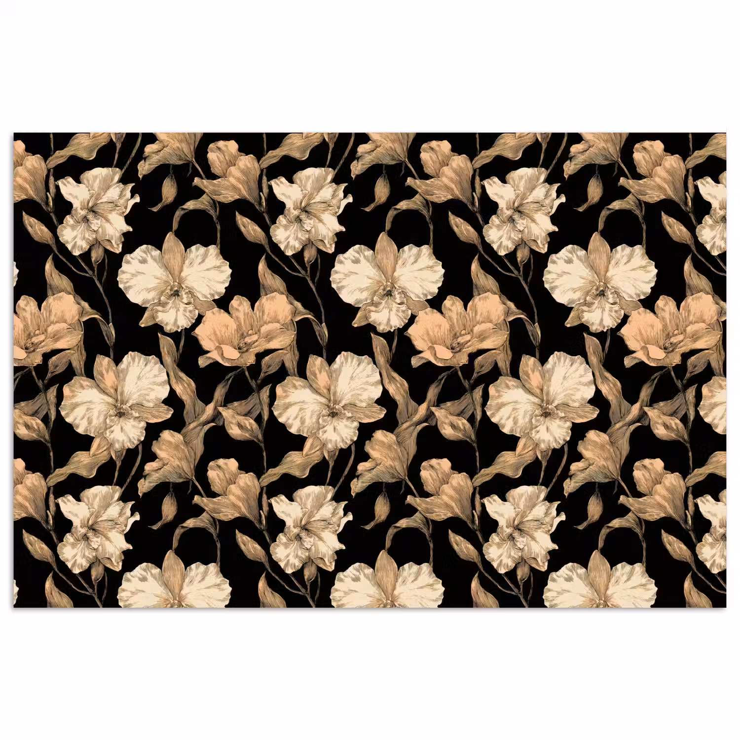 Orchideeën - Lijntekening - Patroon - Beige - Zwart poster papier klein 62 -3d