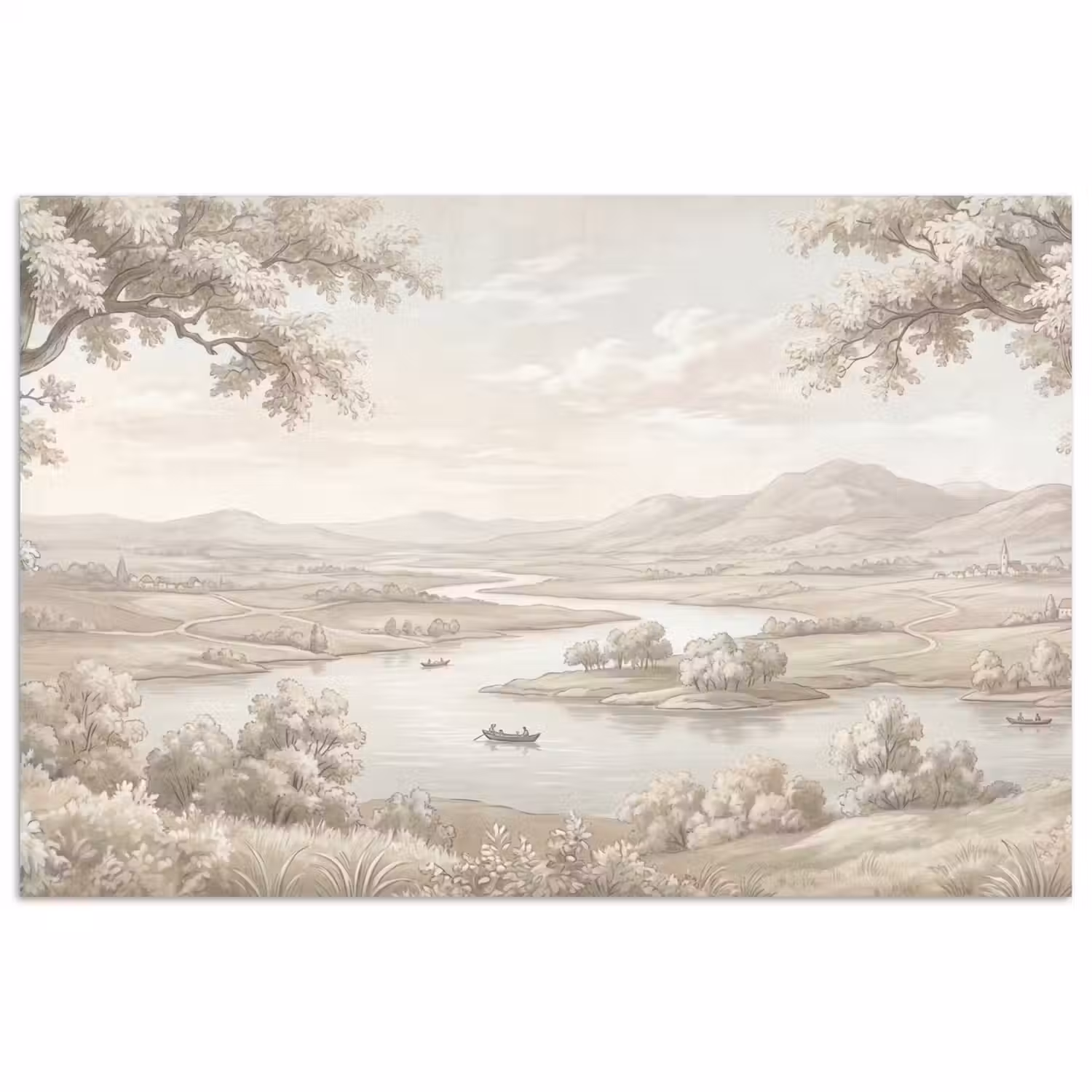 Rivierlandschap - Bergen - Natuur - Vintage - Beige poster papier klein -3d