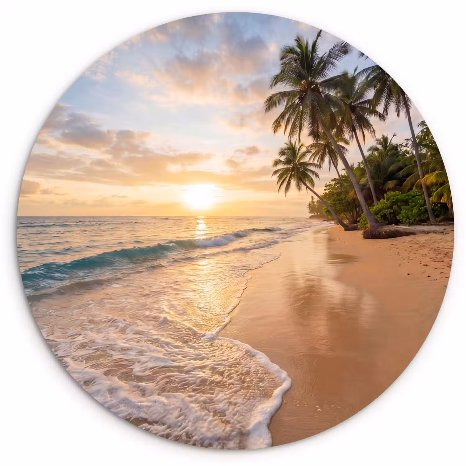 Strand - Zonsondergang - Tropisch - Natuur - Goud Wandcirkel kunststof plaat 5mm dik klein -3d