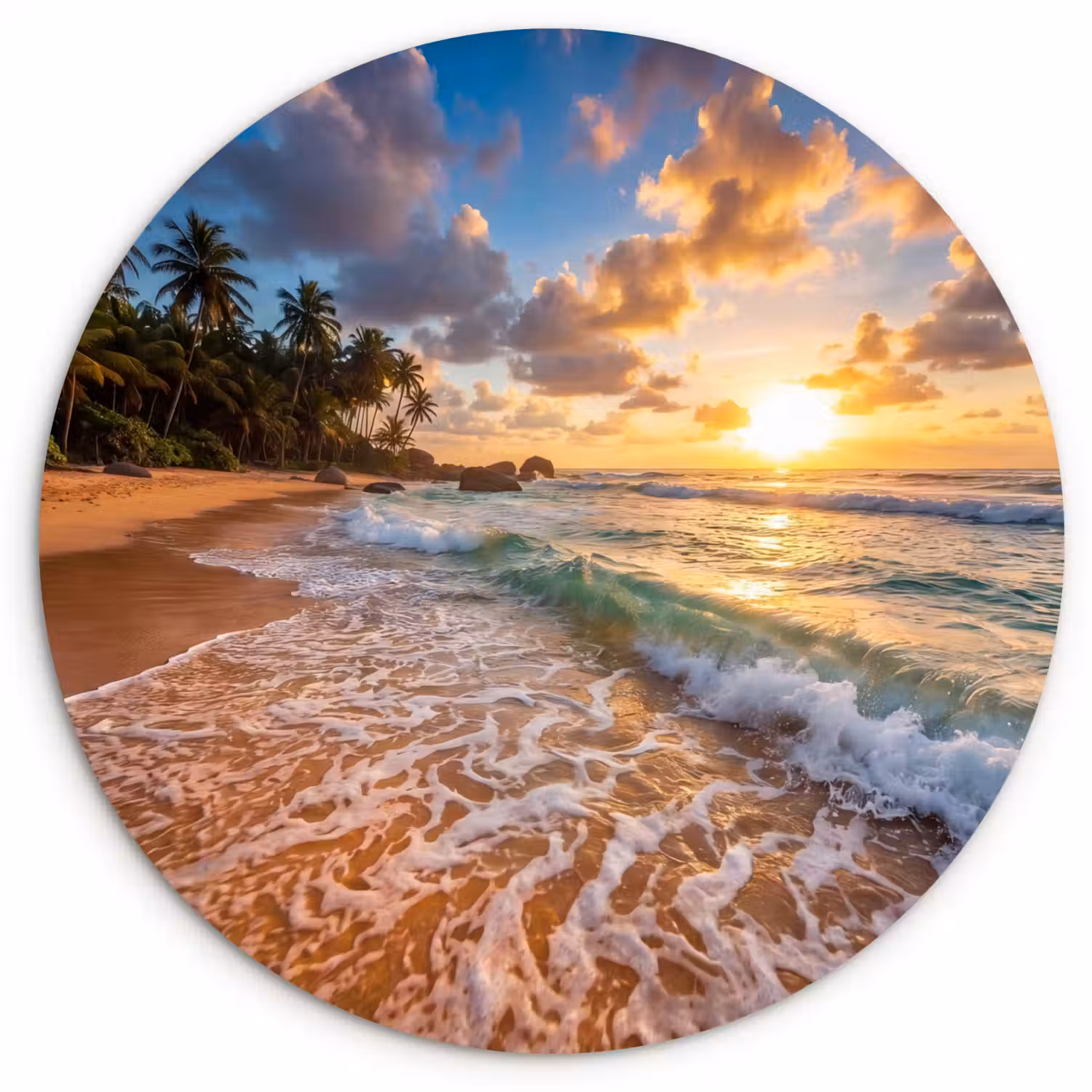 Strand - Zonsondergang - Golven - Natuur - Goud Wandcirkel kunststof plaat 5mm dik klein -3d