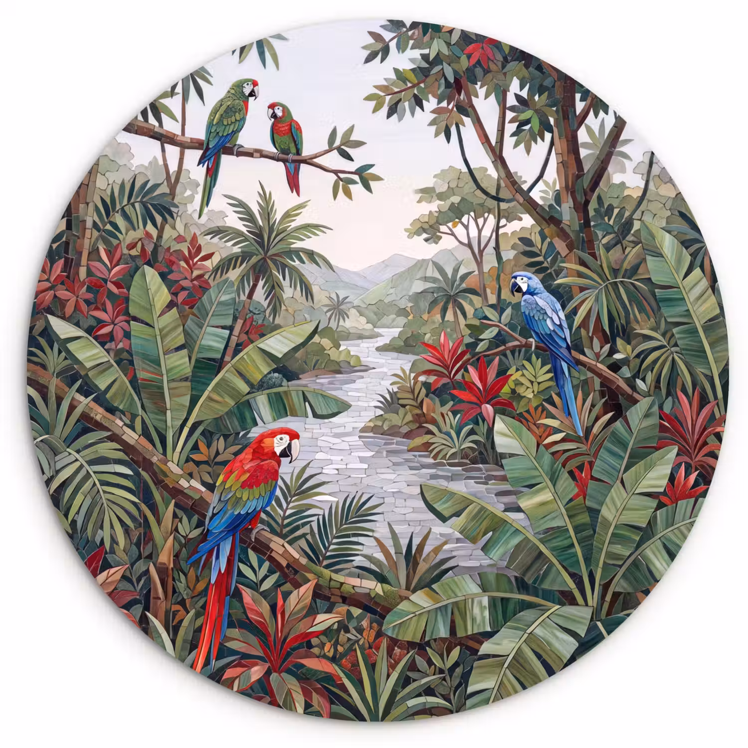 Vogel - Jungle - Natuur - Mozaïek - Groen Wandcirkel kunststof plaat 5mm dik klein -3d