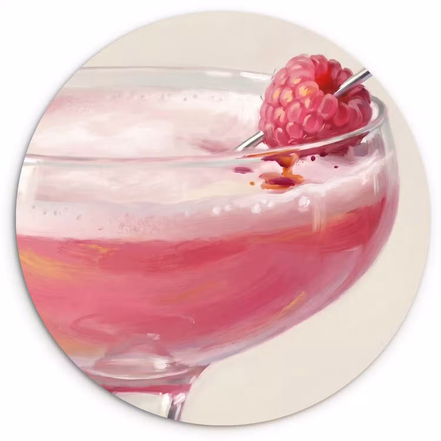 Cocktail - Framboos - Drank - Modern - Roze Wandcirkel kunststof plaat 5mm dik klein -3d