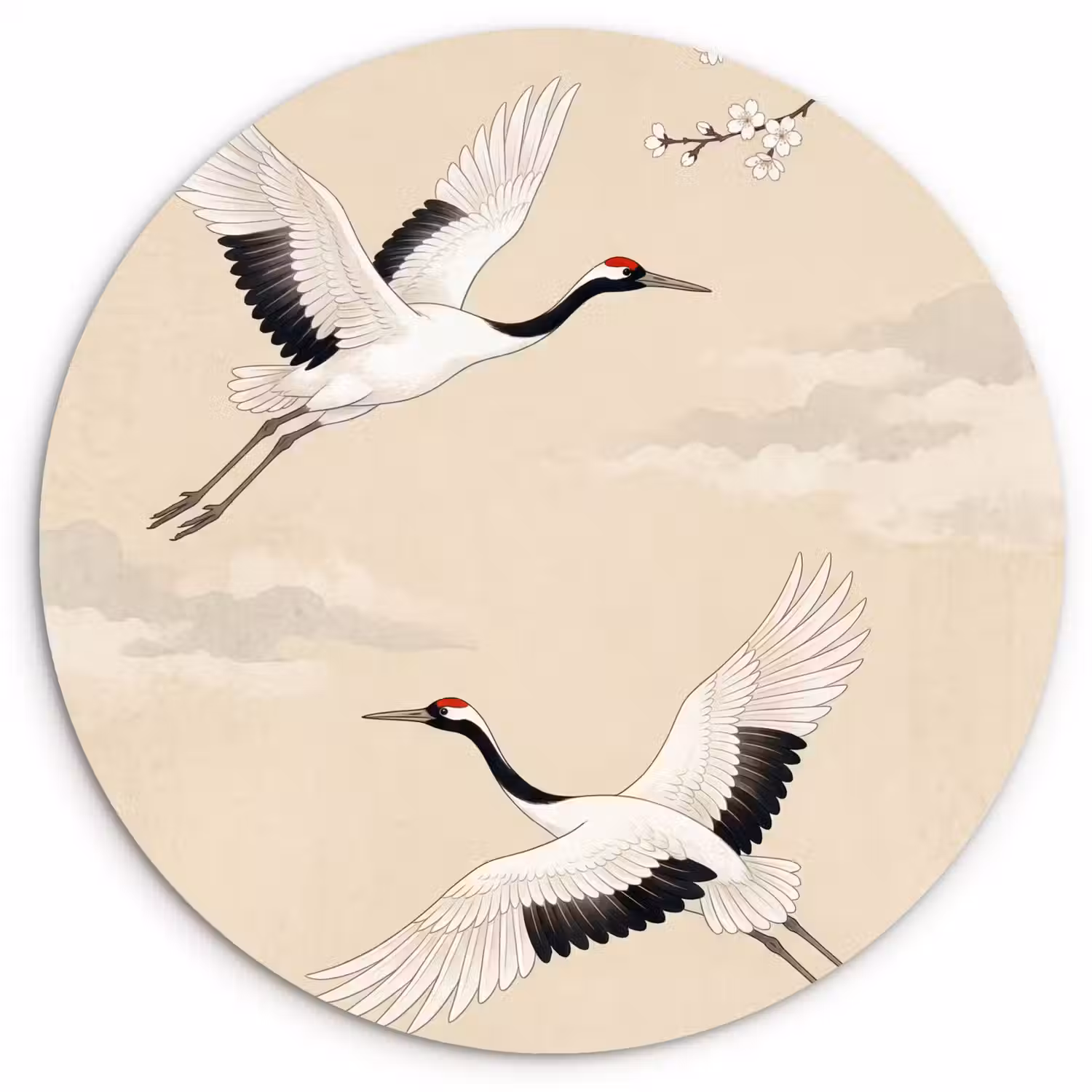 Kraanvogels - Bloesem - Beige Wandcirkel kunststof plaat 5mm dik klein -3d