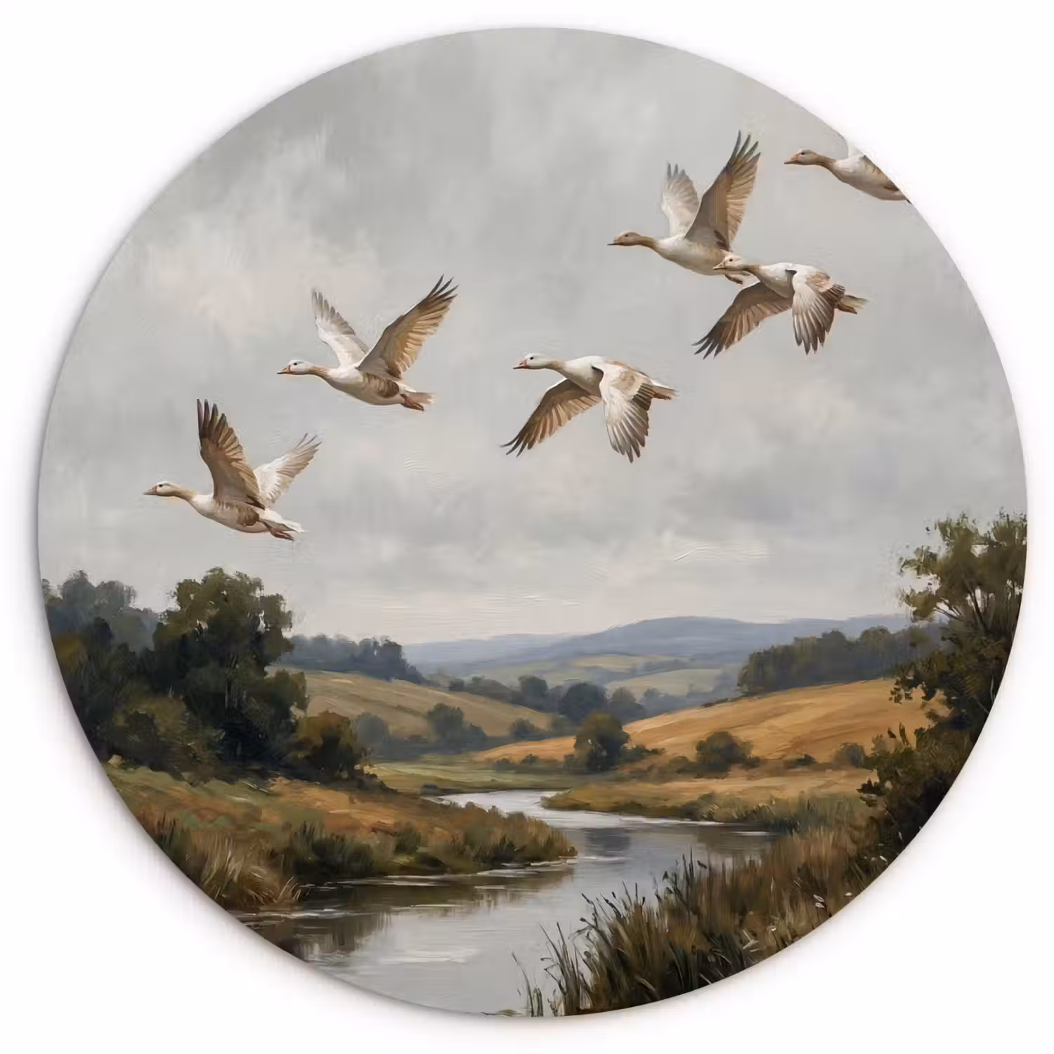 Eenden - Rivier - Landschap - Vlucht - Nostalgisch Wandcirkel kunststof plaat 5mm dik klein -3d