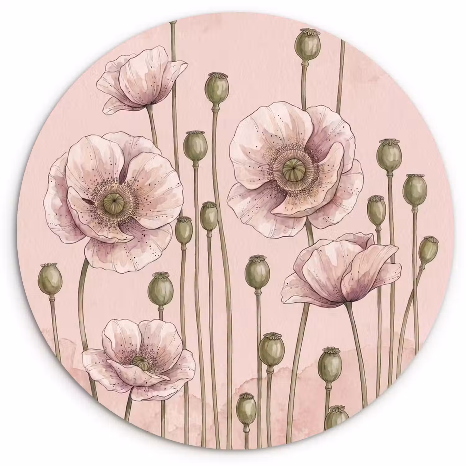 Bloemen - Zomer - Natuur - Aquarel - Roze Wandcirkel kunststof plaat 5mm dik klein -3d