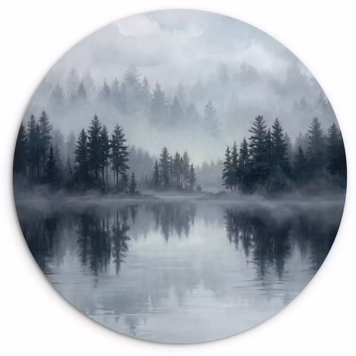 Bos - Meer - Mist - Natuur - Grijs Wandcirkel kunststof plaat 5mm dik klein -3d