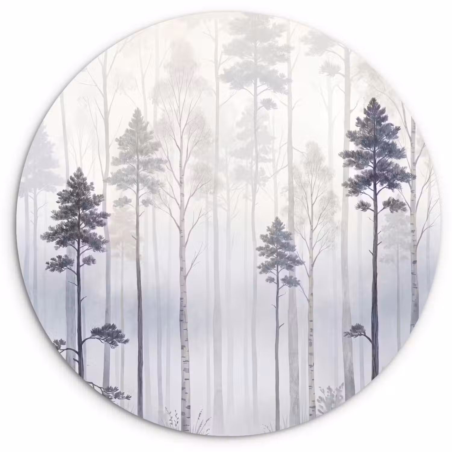 Bos - Bomen - Mist - Natuur - Illustratie - Grijs Wandcirkel kunststof plaat 5mm dik klein -3d