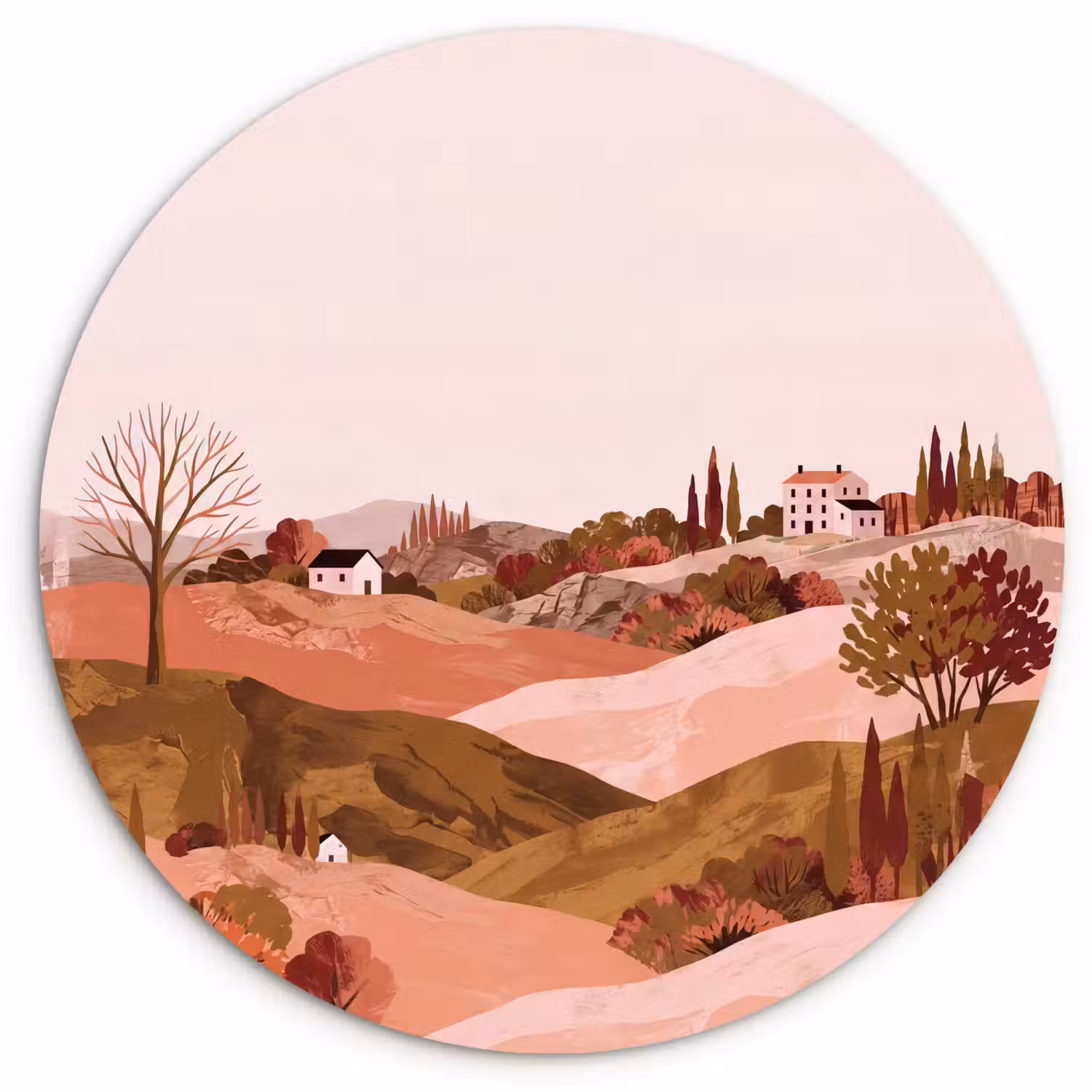 Heuvellandschap - Grafisch - Terracotta Wandcirkel kunststof plaat 5mm dik klein -3d