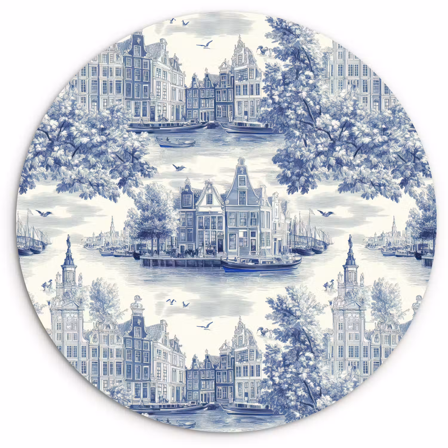 Huizen - Bomen - Water - Vogels - Blauw Wandcirkel kunststof plaat 5mm dik klein 188 -3d