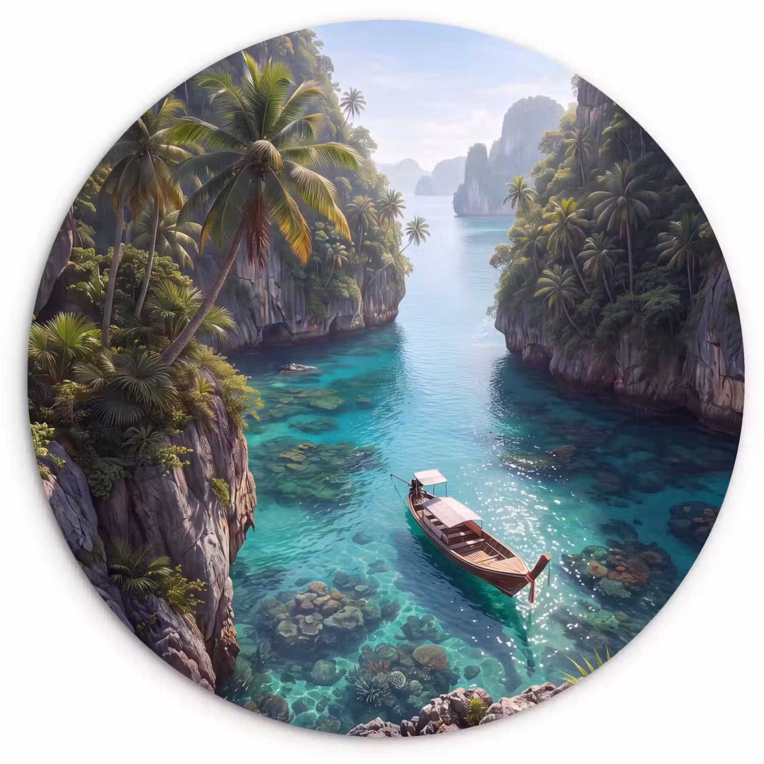 Eiland - Tropisch - Water - Palmbomen - Natuur Wandcirkel kunststof plaat 5mm dik klein -3d