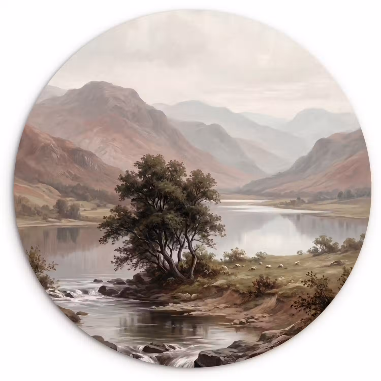 Berglandschap - Meer - Bergen - Vallei - Klassiek Wandcirkel kunststof plaat 5mm dik klein -3d