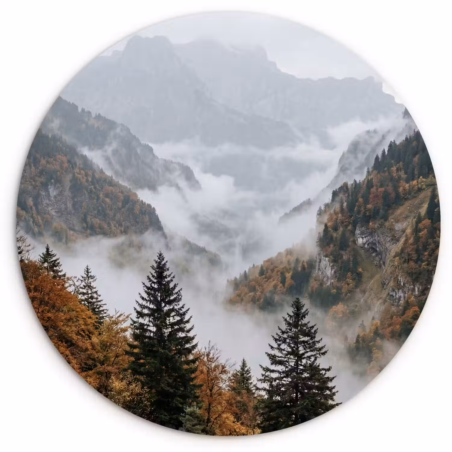 Bergen - Vallei - Mist - Herfst - Natuur Wandcirkel kunststof plaat 5mm dik klein -3d
