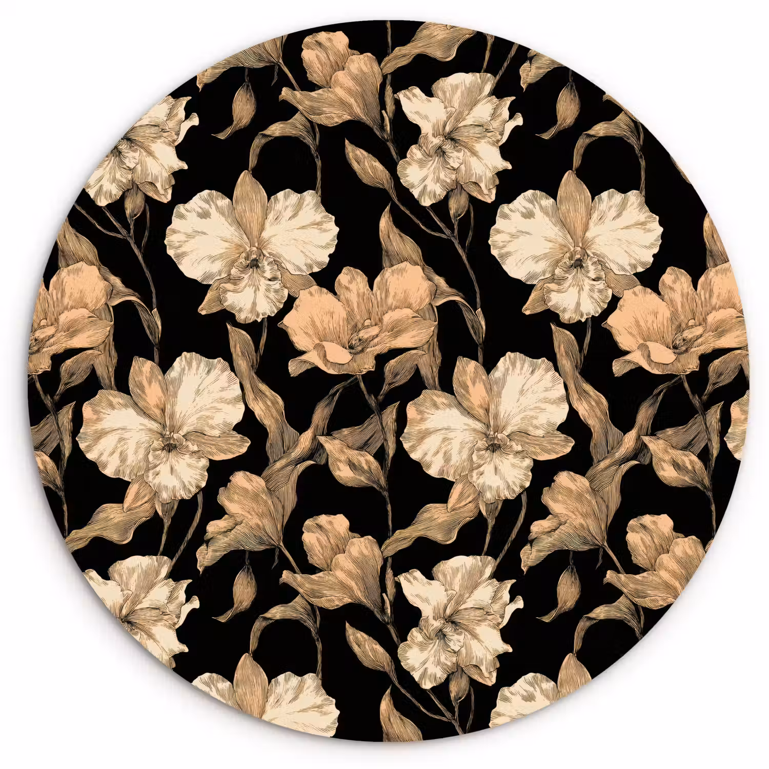 Orchideeën - Lijntekening - Patroon - Beige - Zwart Wandcirkel kunststof plaat 5mm dik klein 188 -3d
