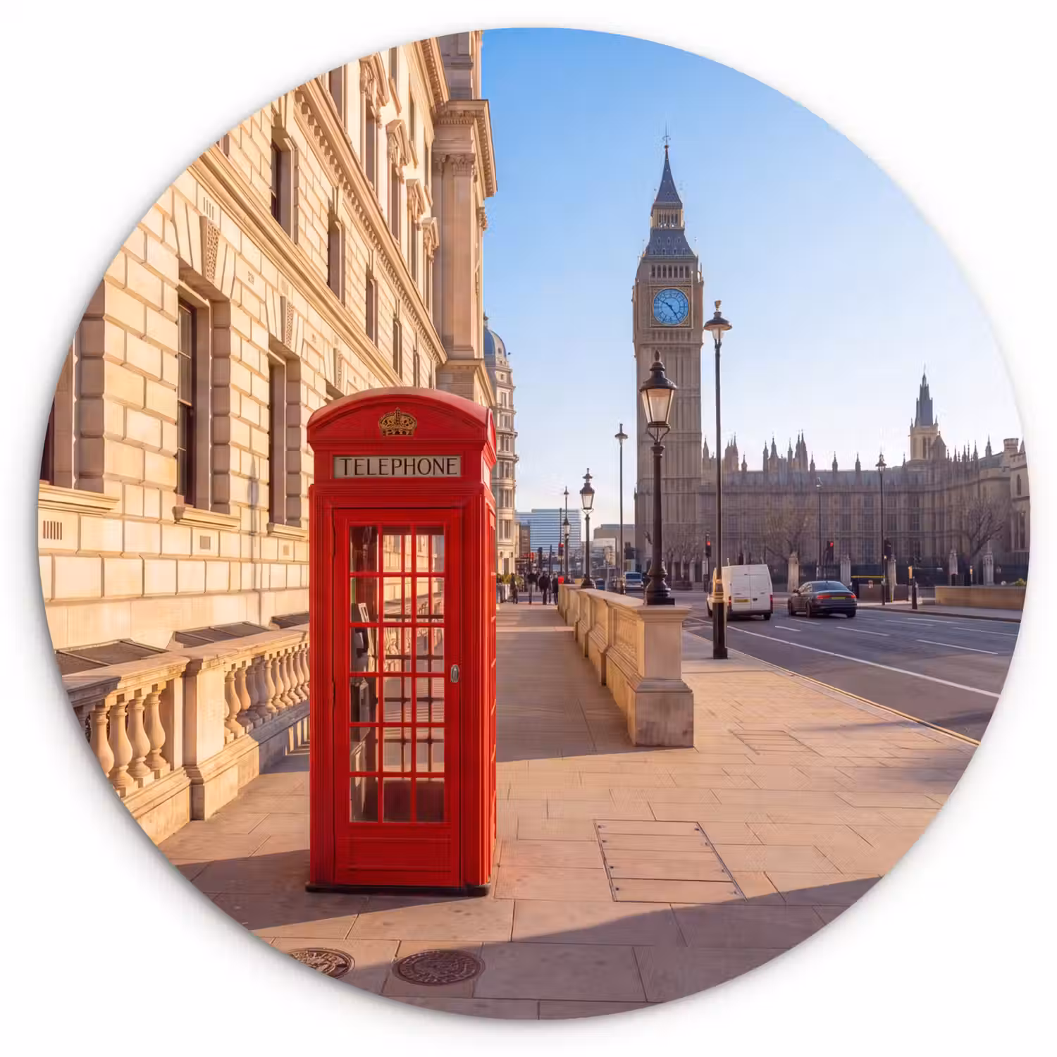 Telefooncel - Rood - Londen - Stad - Architectuur Wandcirkel kunststof plaat 5mm dik klein -3d