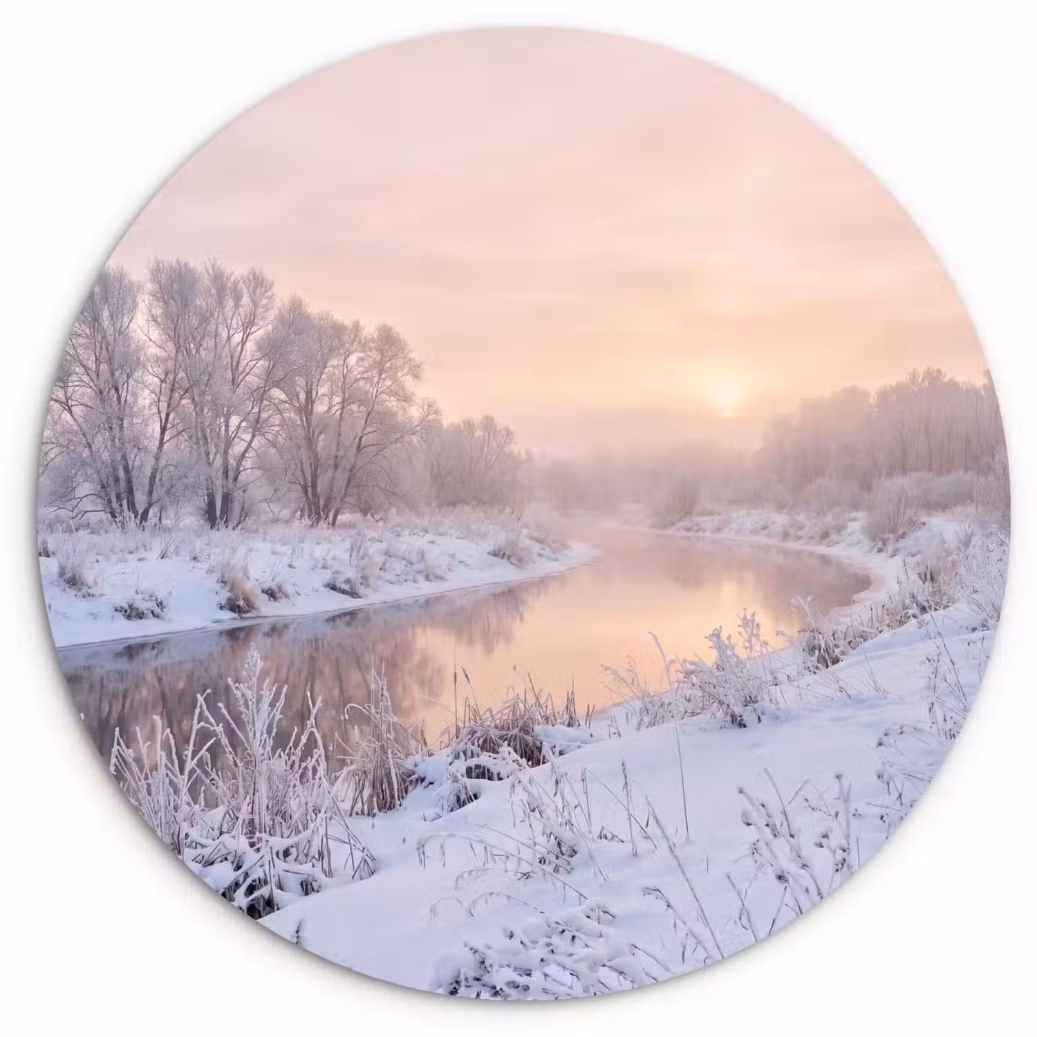 Rivier - Winter - Landschap - Sneeuw - Zonsopgang Wandcirkel kunststof plaat 5mm dik klein -3d