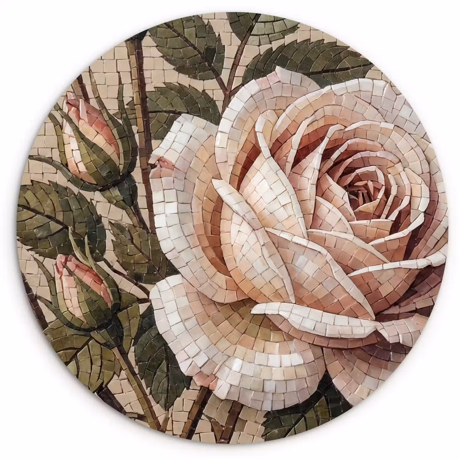 Roos - Mozaïek - Bloemen - Klassiek - Beige Wandcirkel kunststof plaat 5mm dik klein -3d