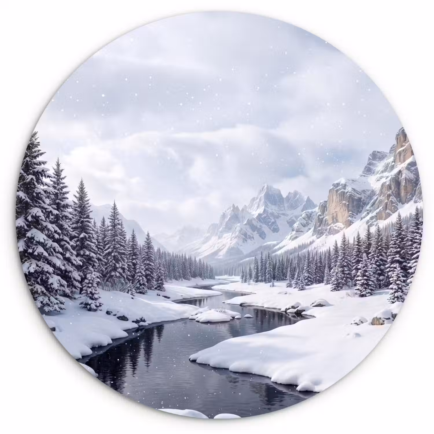 Sneeuwlandschap - Bergen - Rivier - Winter Wandcirkel kunststof plaat 5mm dik klein -3d