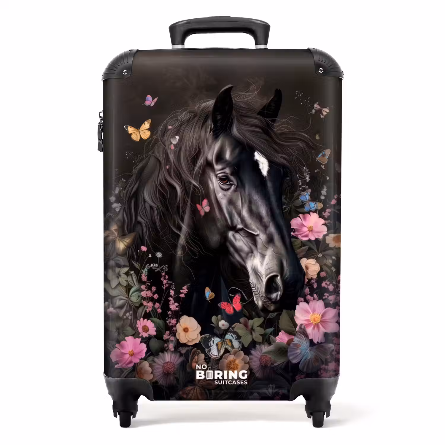 Zwart paard met witte bles en kleurrijke bloemen NBS - Handbagage koffer - Unisex middel -productfoto_recht