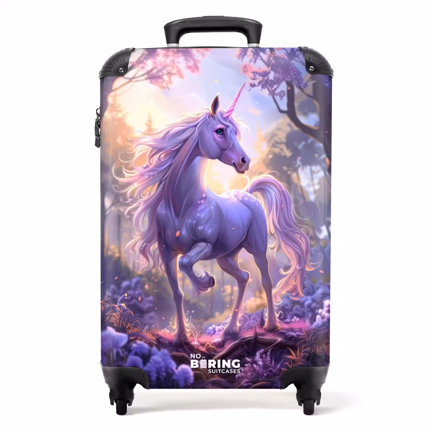 Portret van een Eenhoorn tussen Paarse Bloemen NBS - Handbagage koffer - Unisex middel -productfoto_recht