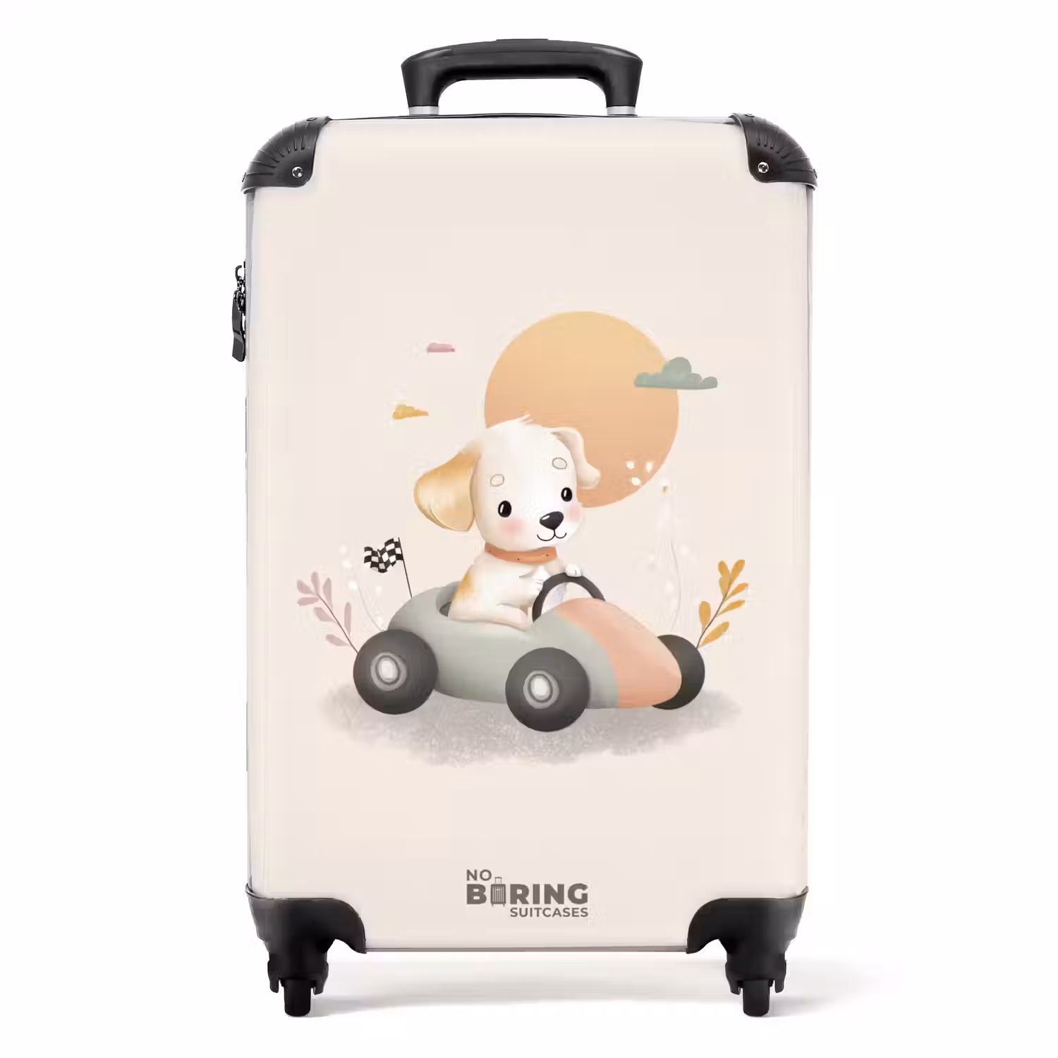 Puppy in een raceauto in beige kleuren NBS - Handbagage koffer - Volwassenen Unisex middel -productfoto_recht
