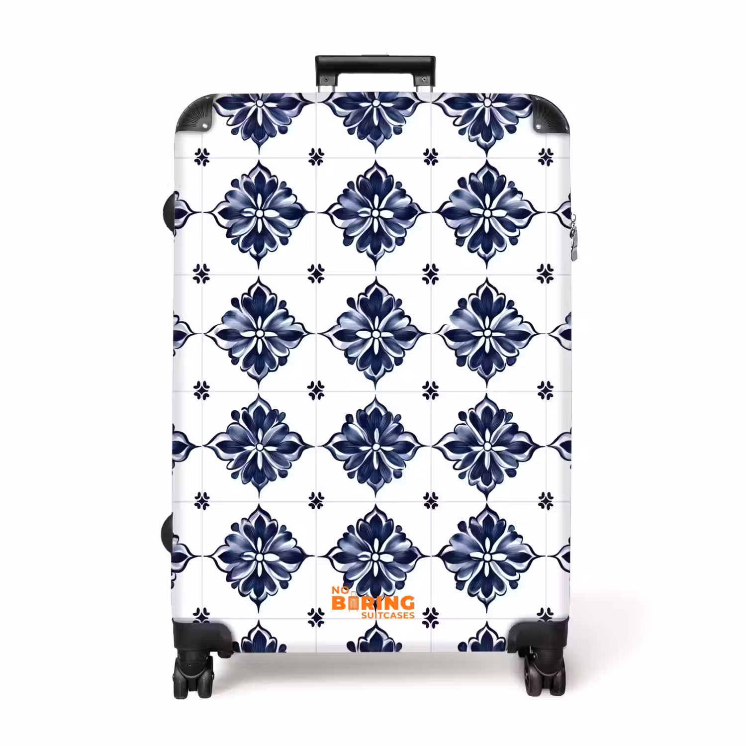 Tegelmotief - Blauw - Wit - Bloem NBS - Handbagage koffer - Volwassenen Unisex middel -productfoto_recht