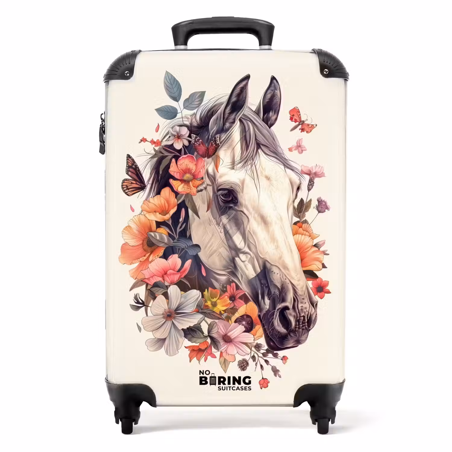 Wit paardenhoofd omringd door bloemen en vlinders NBS - Handbagage koffer - Unisex middel -productfoto_recht