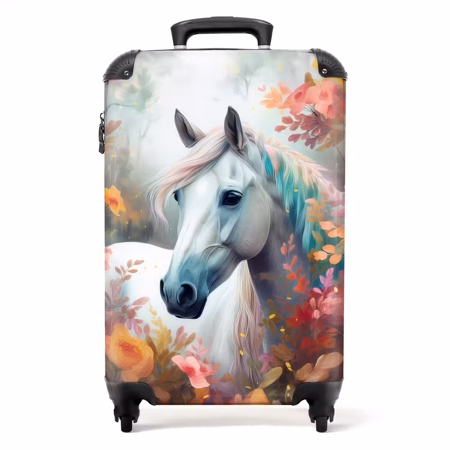 Wit paard omringd door bloemen NBS - Handbagage koffer - Unisex middel -productfoto_recht