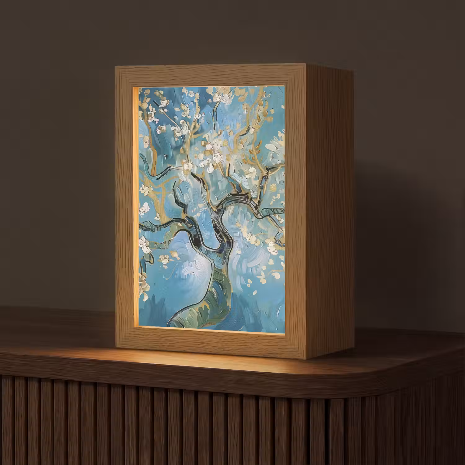 Amandelbloesem boom - Blauw - Abstract Light Box met kabel (Tafellamp) klein -z3d_website