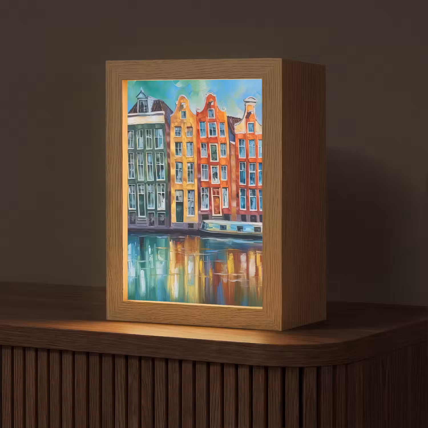 Amsterdam - Olieverf - Gracht - Schilderij - Kunst Light Box met kabel (Tafellamp) klein -z3d_website
