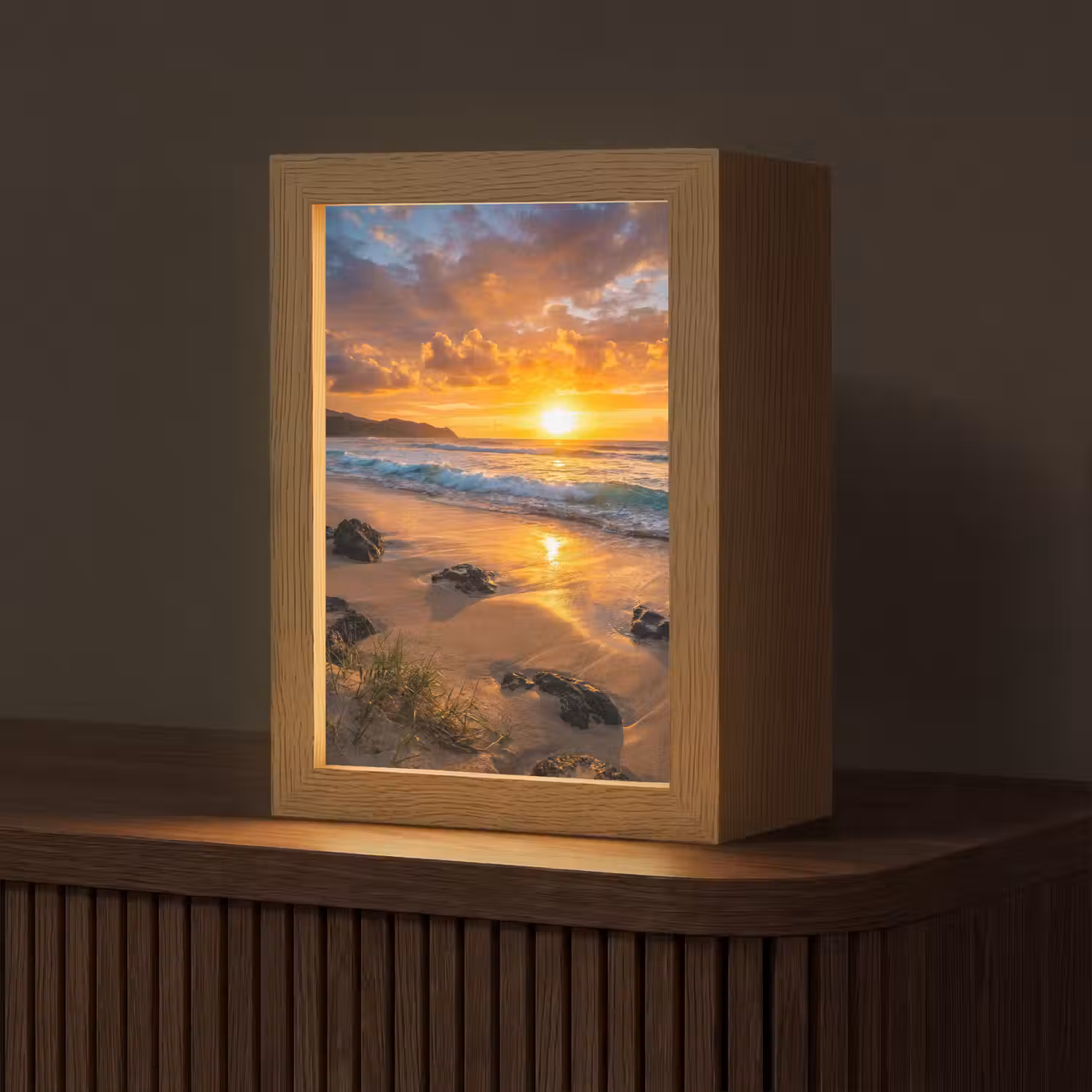 Strand - Zonsondergang - Golven - Natuur - Oranje Light Box met kabel (Tafellamp) klein -z3d_website