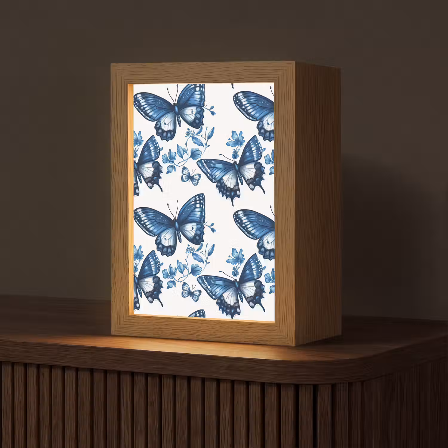 Blauw - Vlinders - Bloemen - Wit Light Box met kabel (Tafellamp) klein 925 -z3d_website