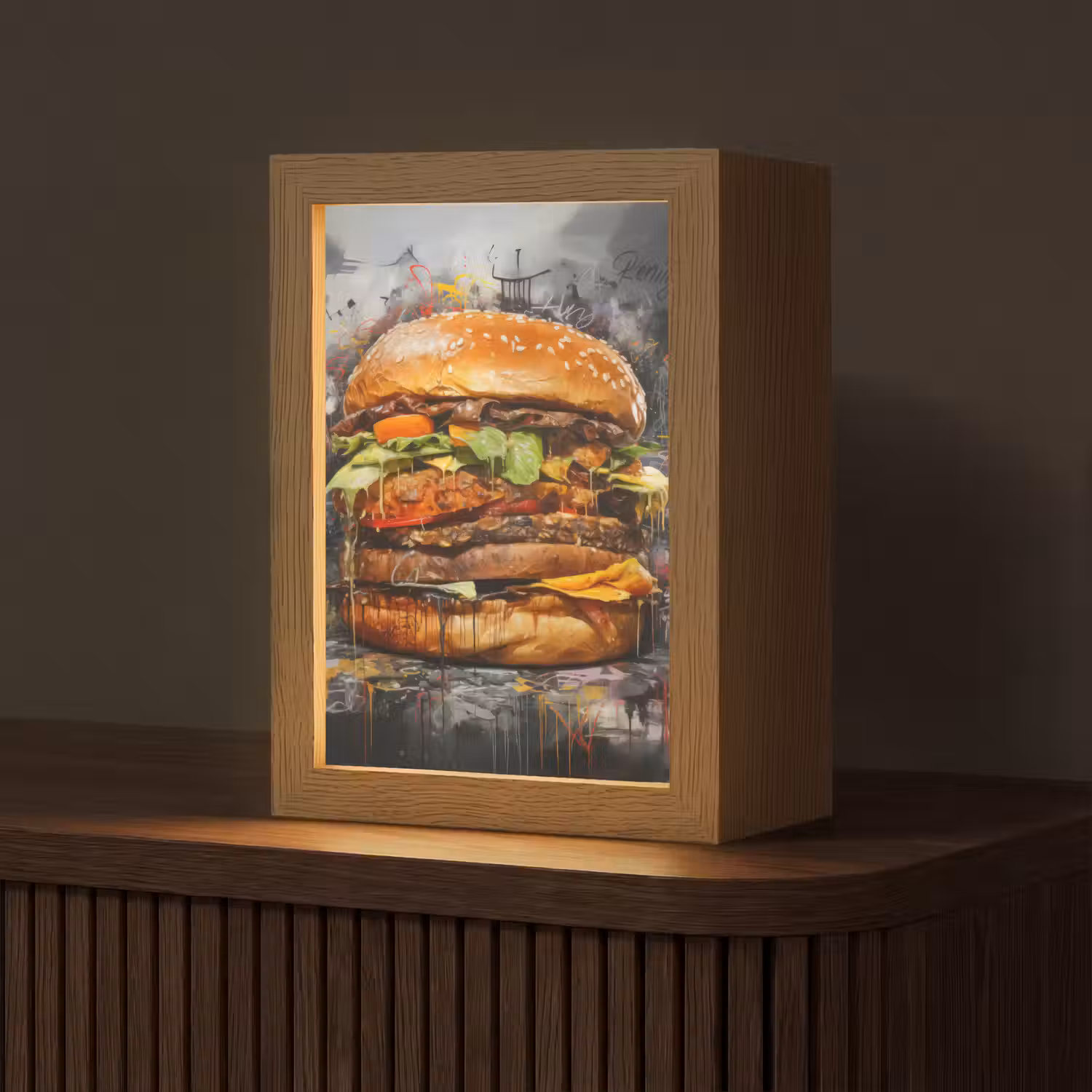Burger - Eten - Kunst - Grijs - Graffiti Light Box met kabel (Tafellamp) klein -z3d_website