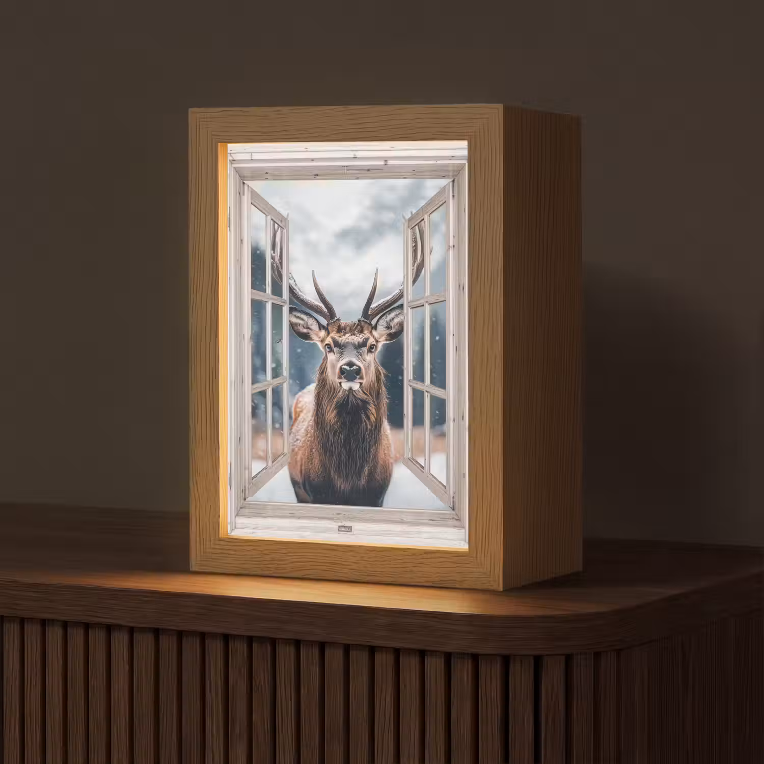 Hert - Dieren - Landschap - Winter - Sneeuw - Doorkijk - Natuur Light Box met kabel (Tafellamp) klein -z3d_website
