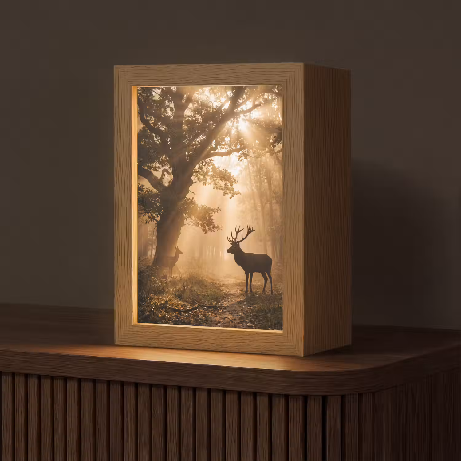 Hert - Bos - Mistig - Natuur - Goud Light Box met kabel (Tafellamp) klein -z3d_website
