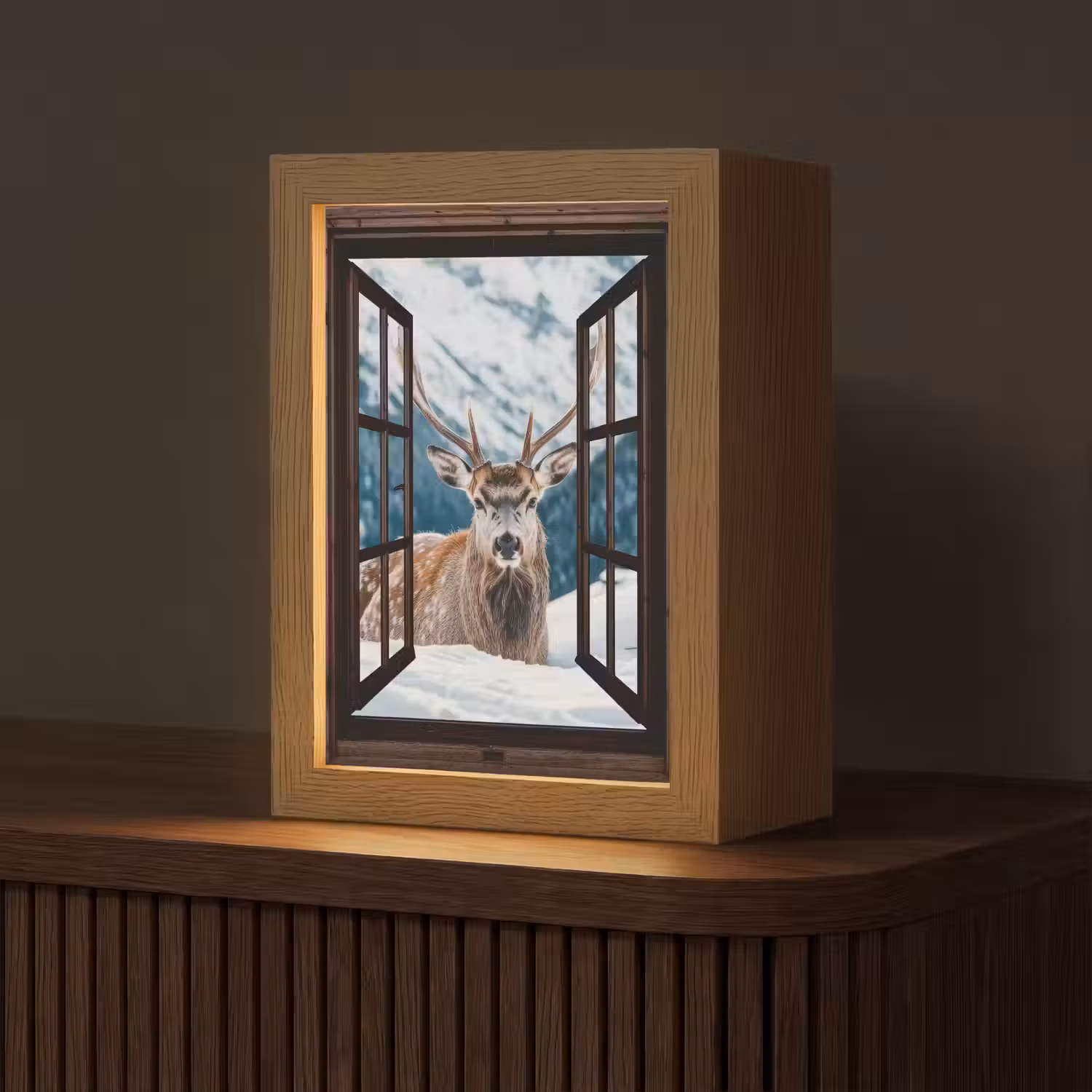 Hert - Landschap - Winter - Natuur - Dieren - Doorkijk - Bergen Light Box met kabel (Tafellamp) klein -z3d_website