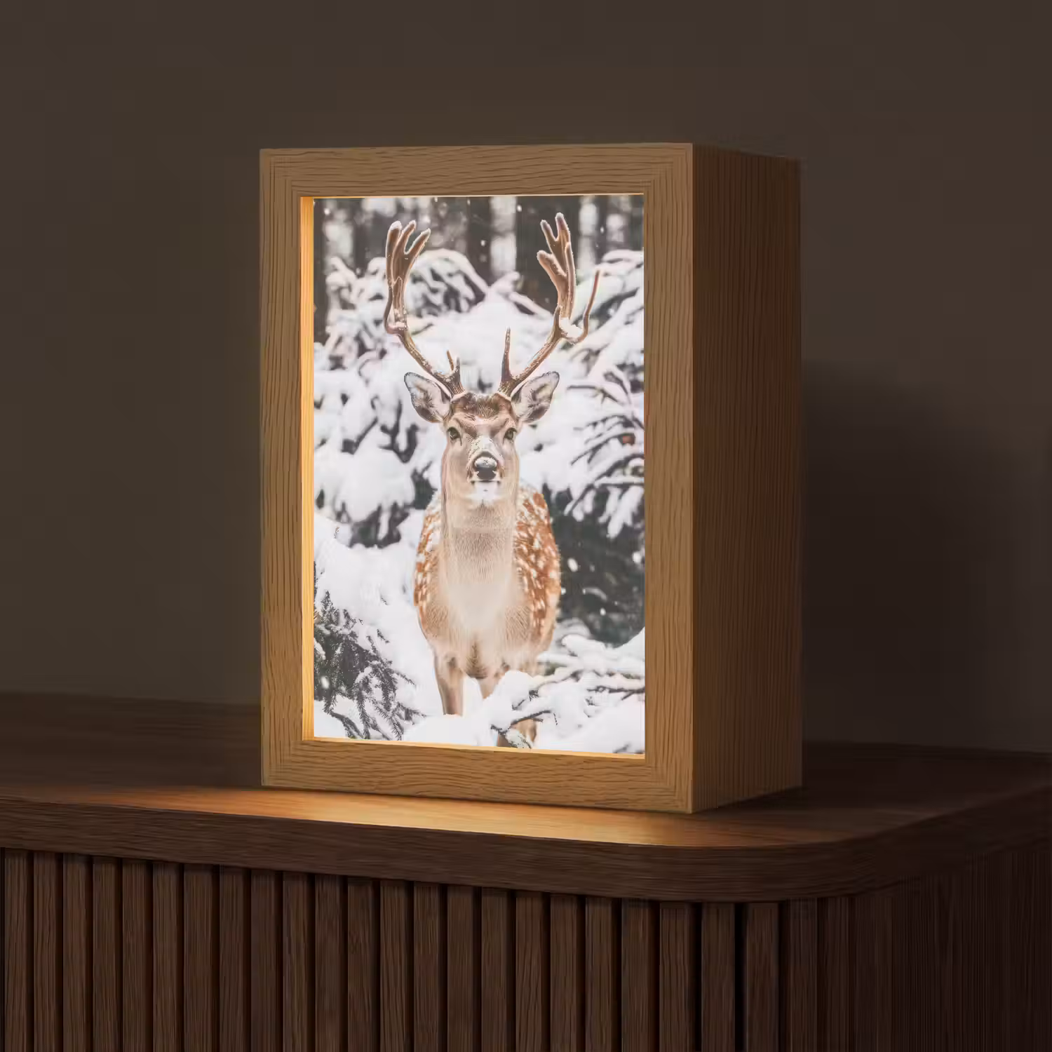 Hert - Sneeuw - Winter - Bos - Dieren Light Box met kabel (Tafellamp) klein -z3d_website