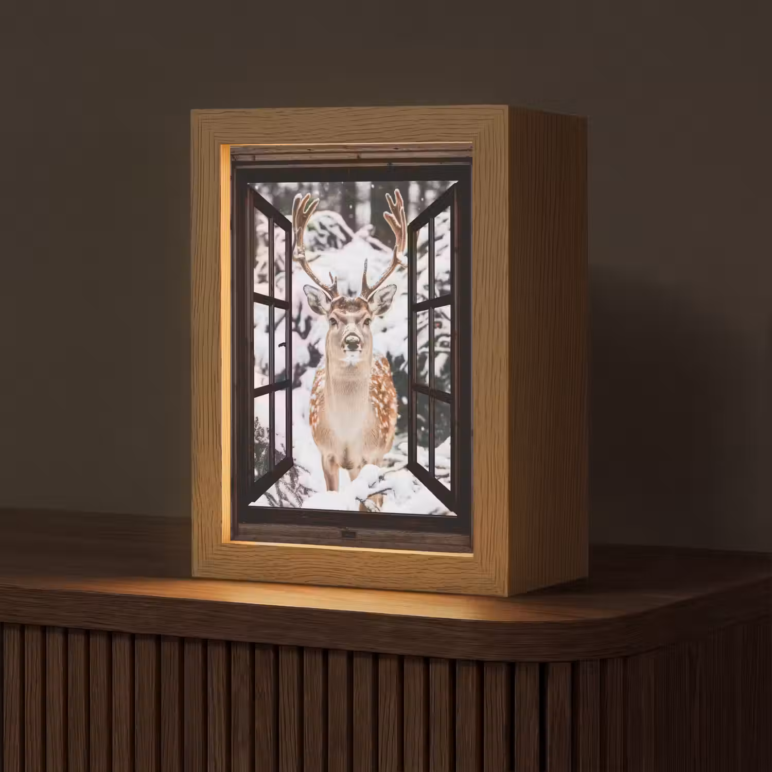Hert - Sneeuw - Winter - Bos - Dieren - Doorkijk Light Box met kabel (Tafellamp) klein -z3d_website