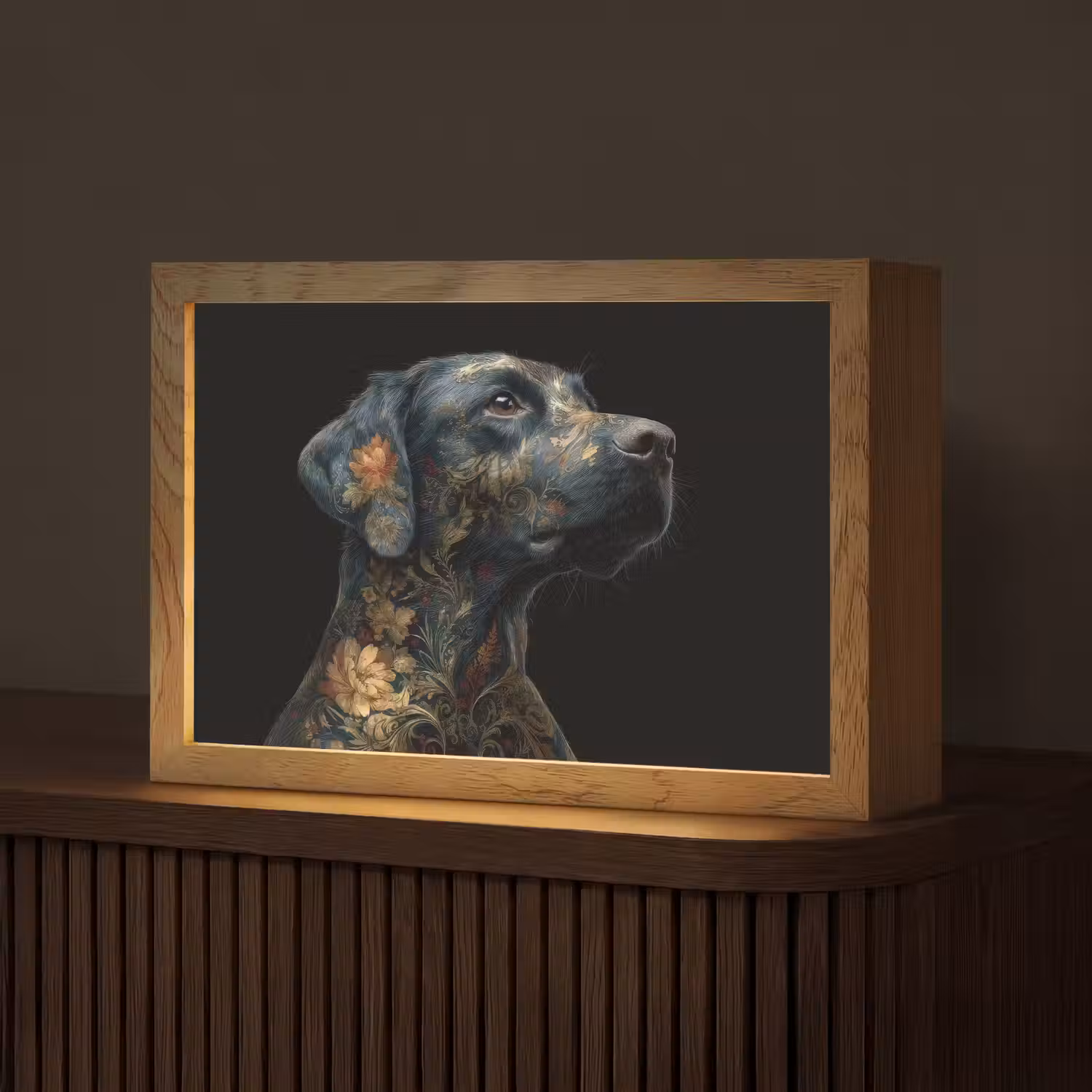 Hond - Zwart - Bloemen Light Box met kabel (Tafellamp) klein -z3d_website