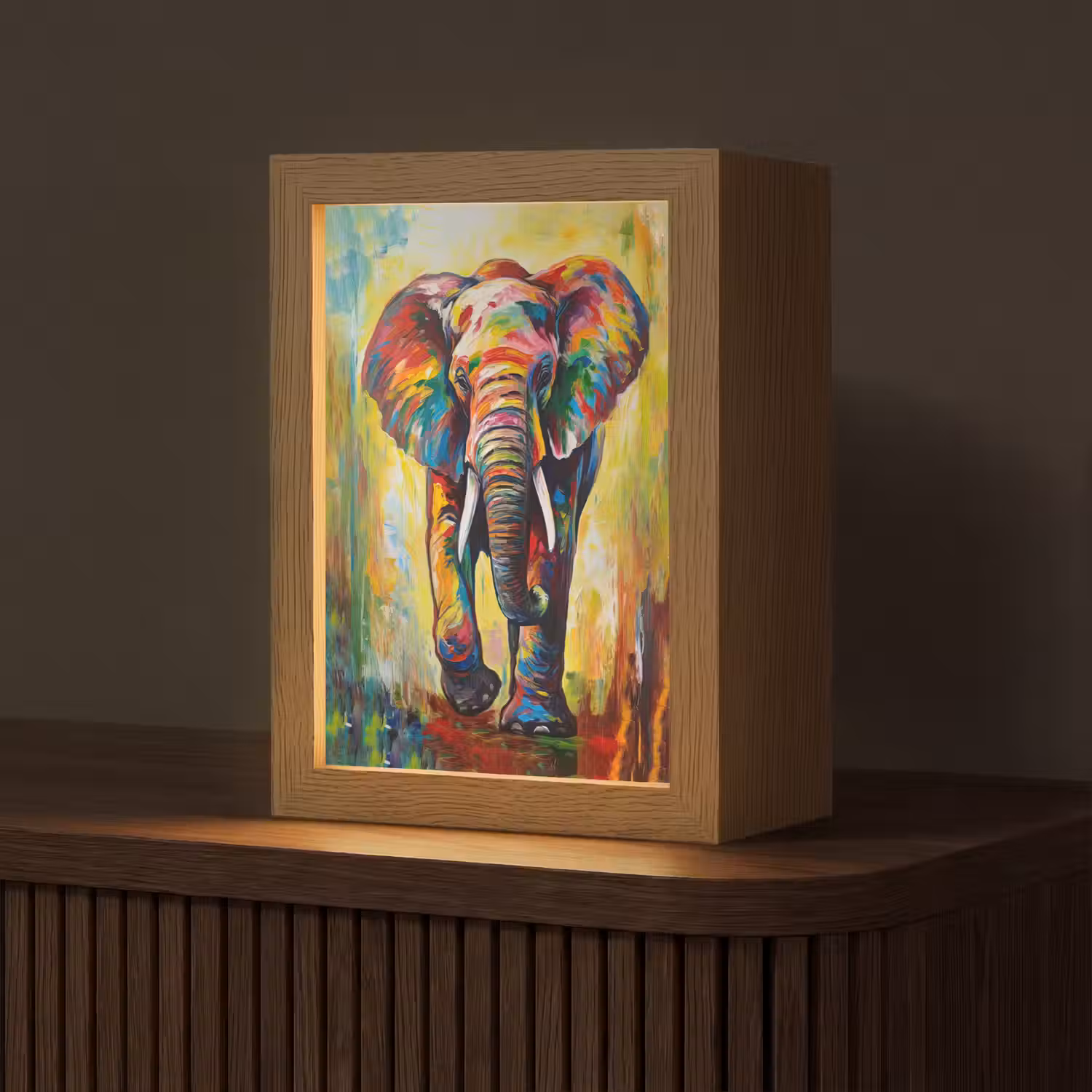Olifant - Kunst - Schilderij - Dieren - Regenboog Light Box met kabel (Tafellamp) klein -z3d_website