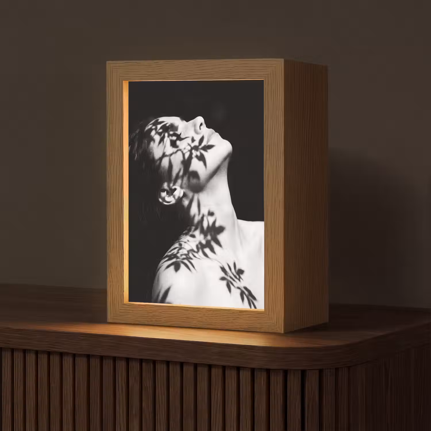 Gezicht - Schaduw - Bladeren - Zwart - Wit - Intiem Light Box met kabel (Tafellamp) klein -z3d_website